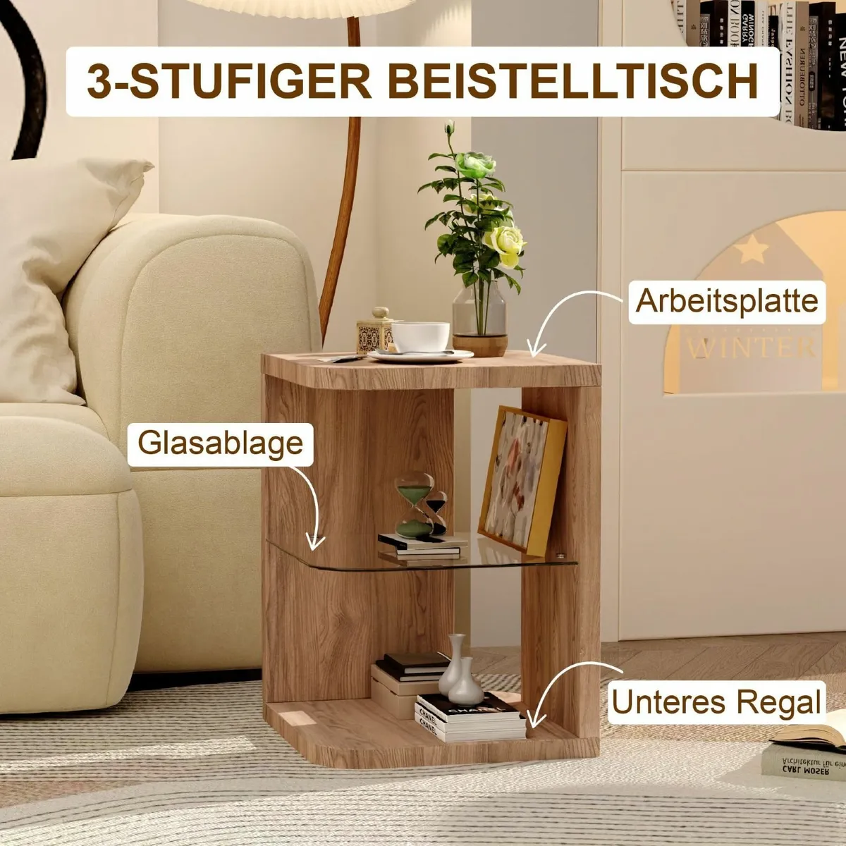 Glass Wood Side Table End Small Coffee Lamp Sofa - Image 3