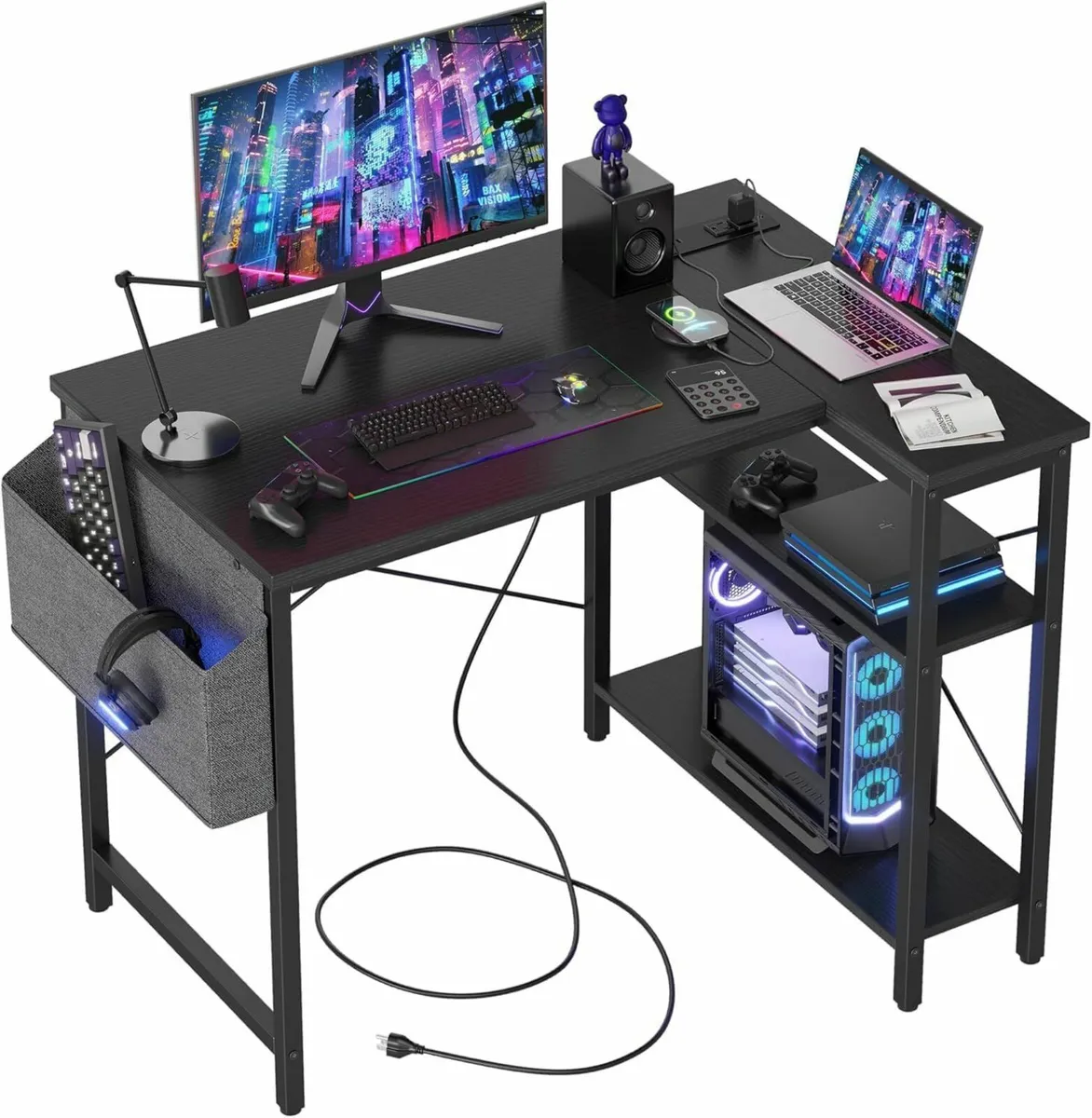 L Shaped Gaming Desk with Power Outlets 100x70 cm - Image 1
