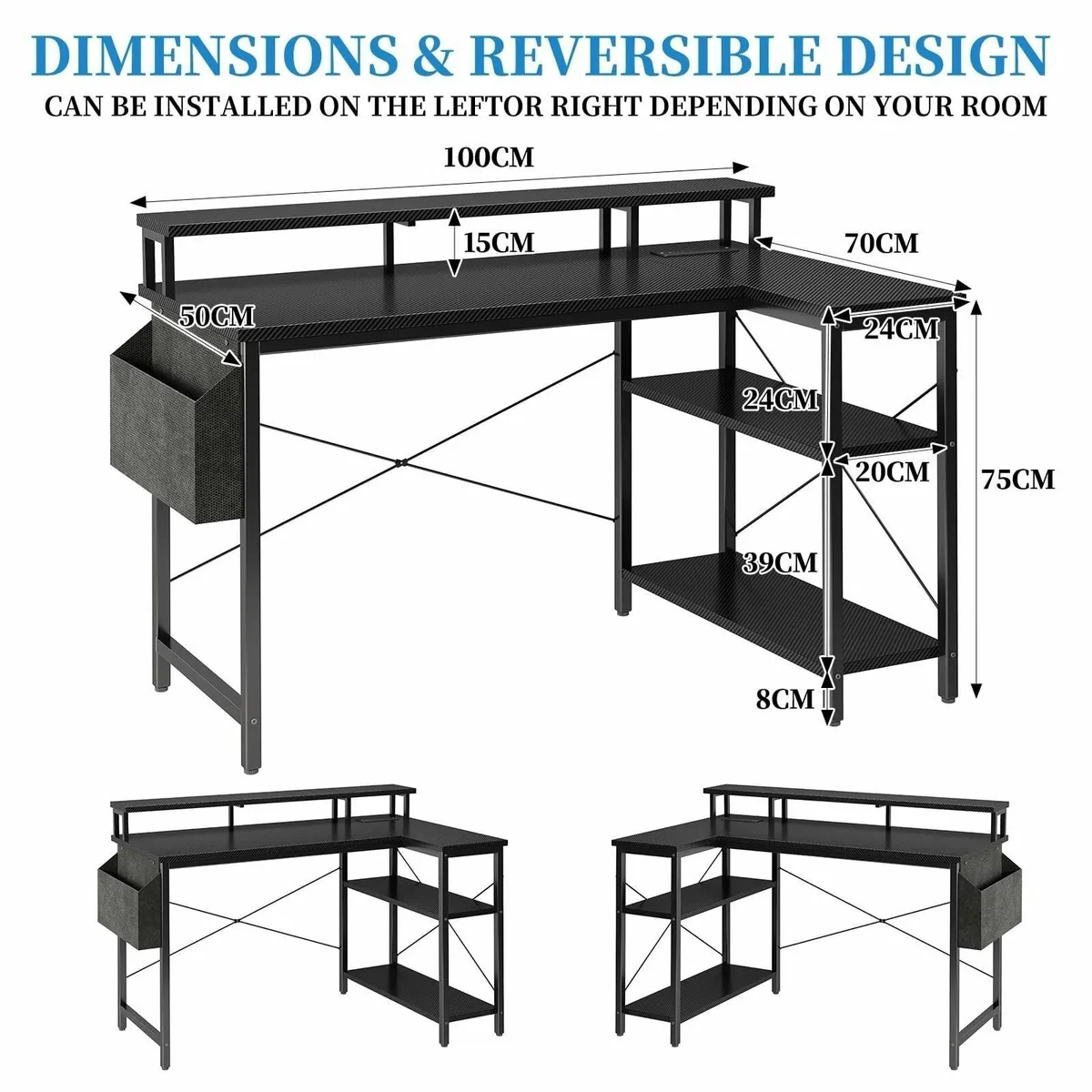 L Shaped Desk with LED Lights Power Outlets 100 - Image 3