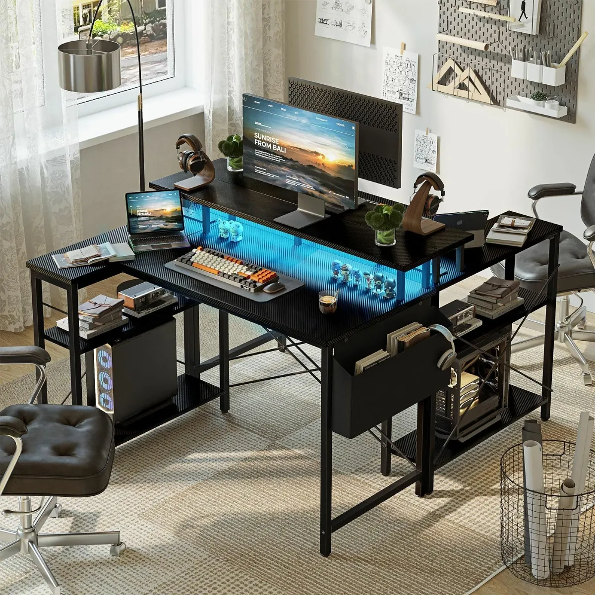 L Shaped Desk with LED Lights Power Outlets 100 - Image 4