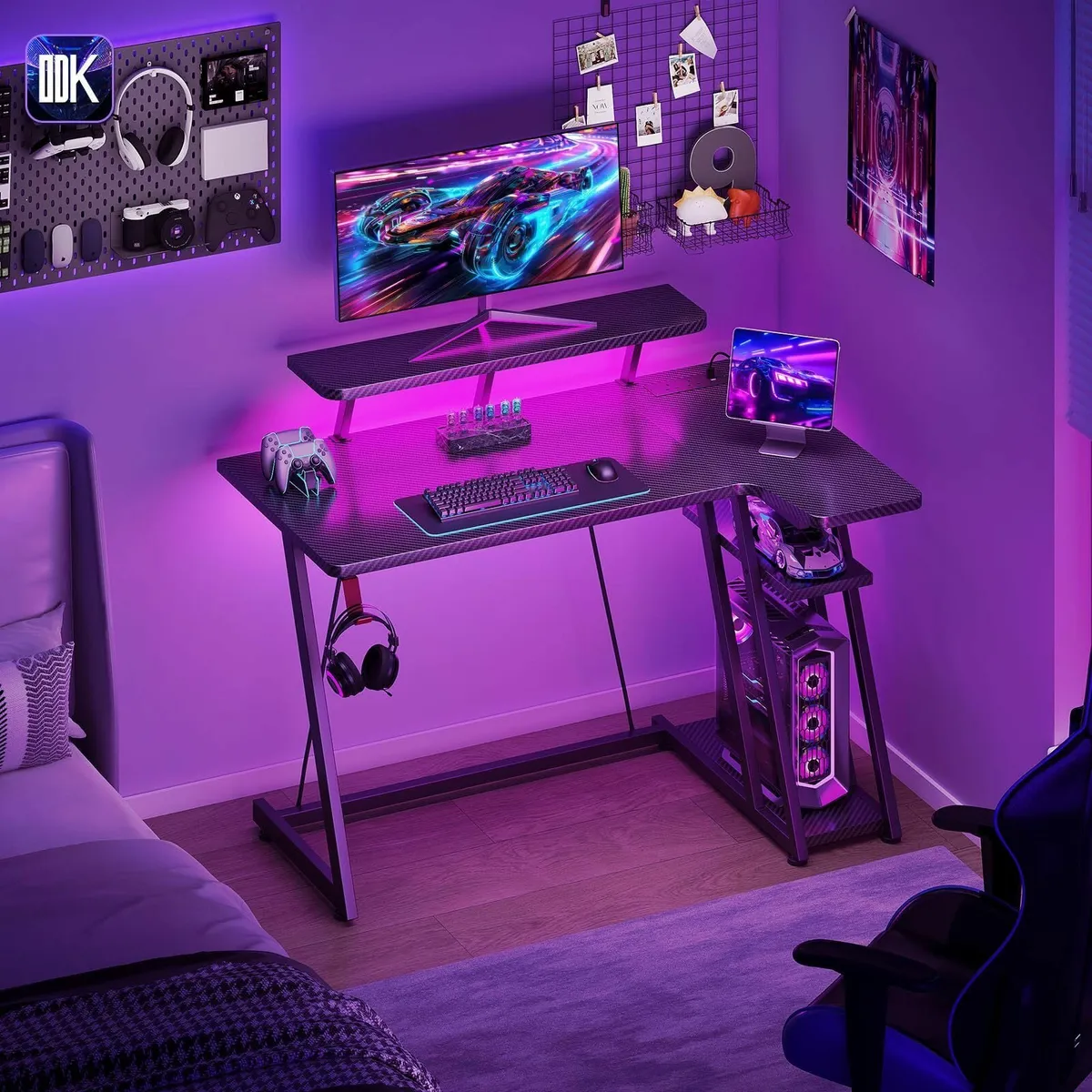 Gaming Desk with LED Lights Power Outlets 100CM - Image 2