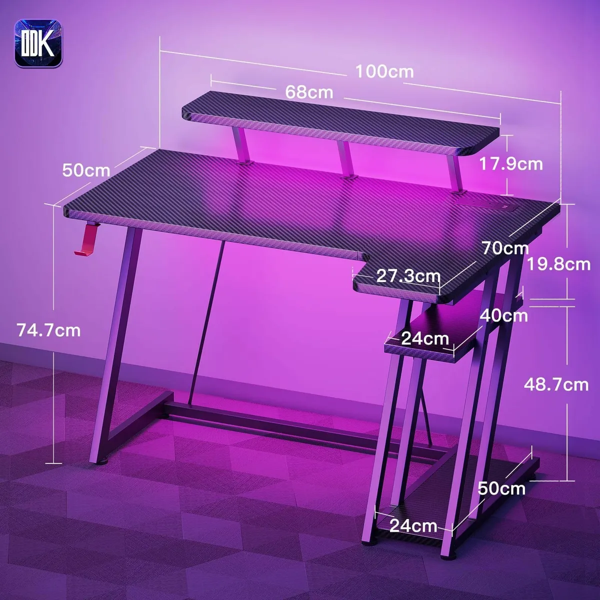 Gaming Desk with LED Lights Power Outlets 100CM - Image 3