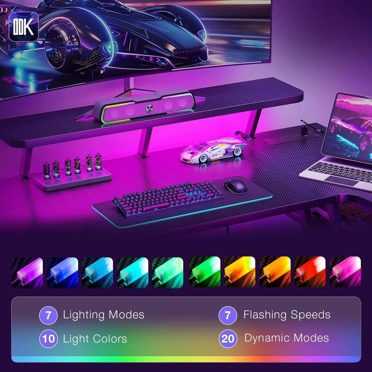 Gaming Desk with LED Lights Power Outlets 100CM - Image 4