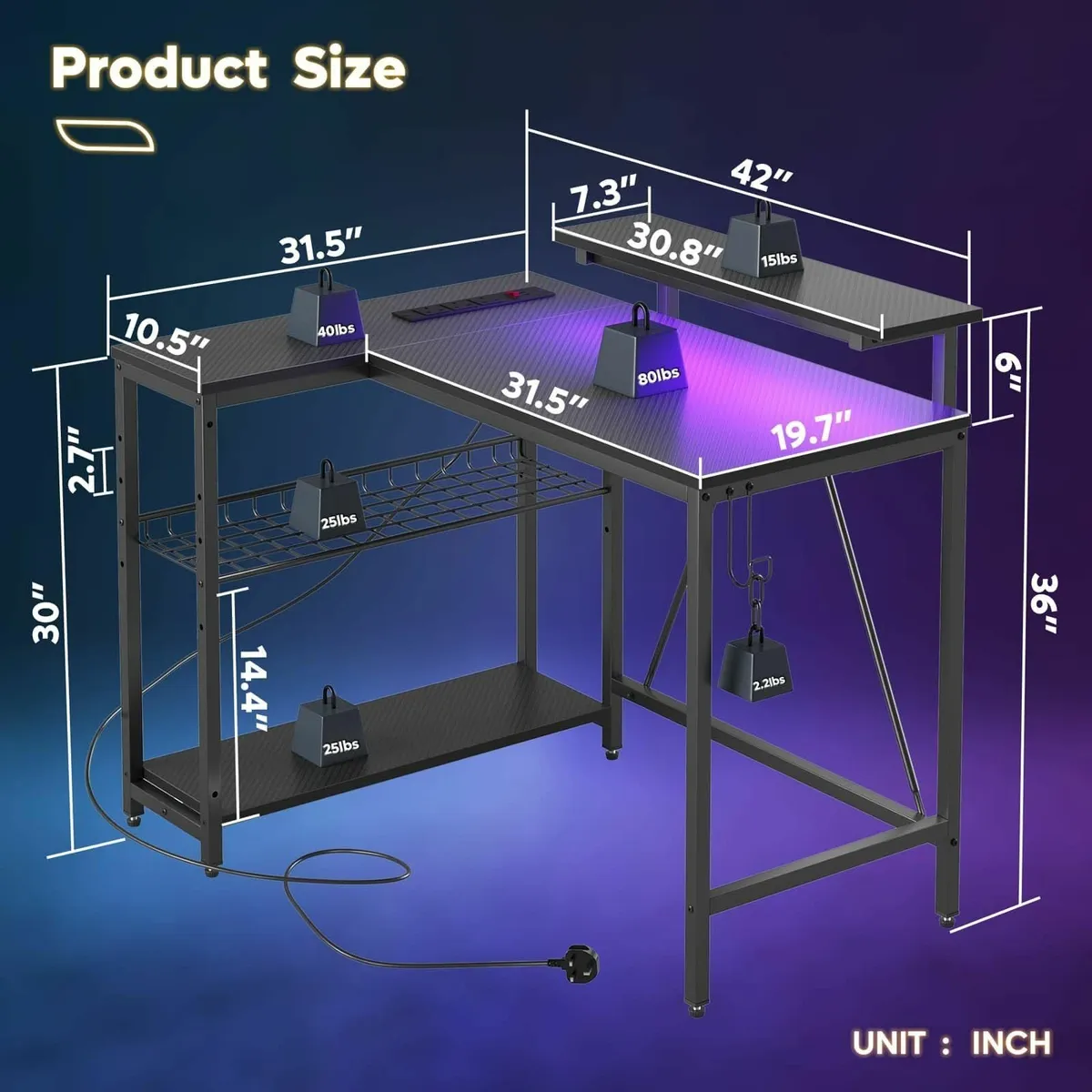 106.5CM L-Shaped Gaming Desk with RGB LED Lights - Image 3