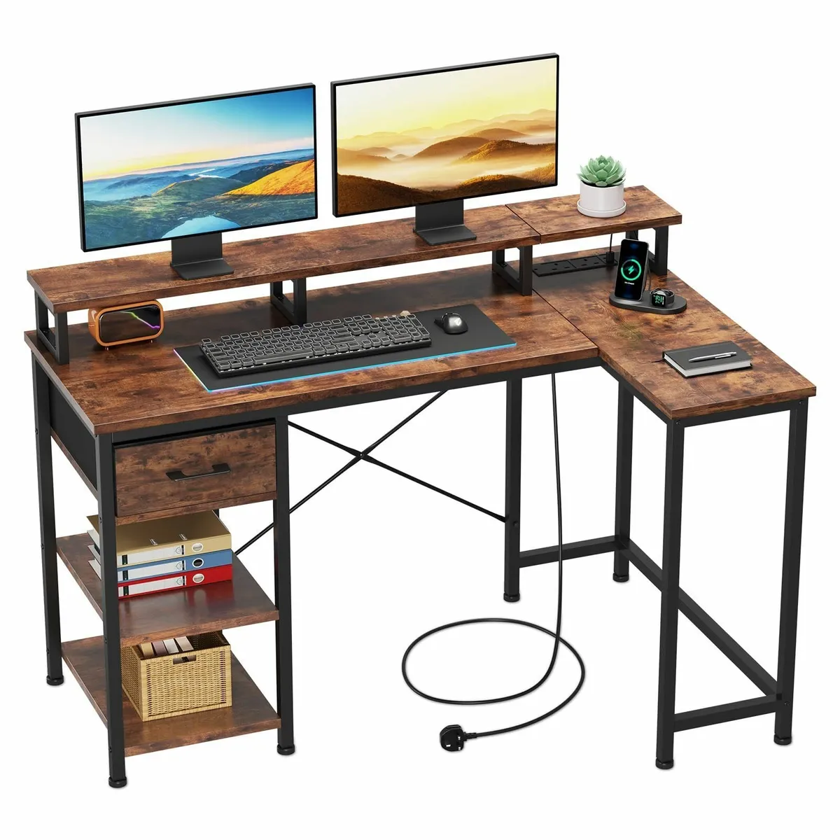 L Shaped Desk with Power Outlet Corner Computer - Image 1