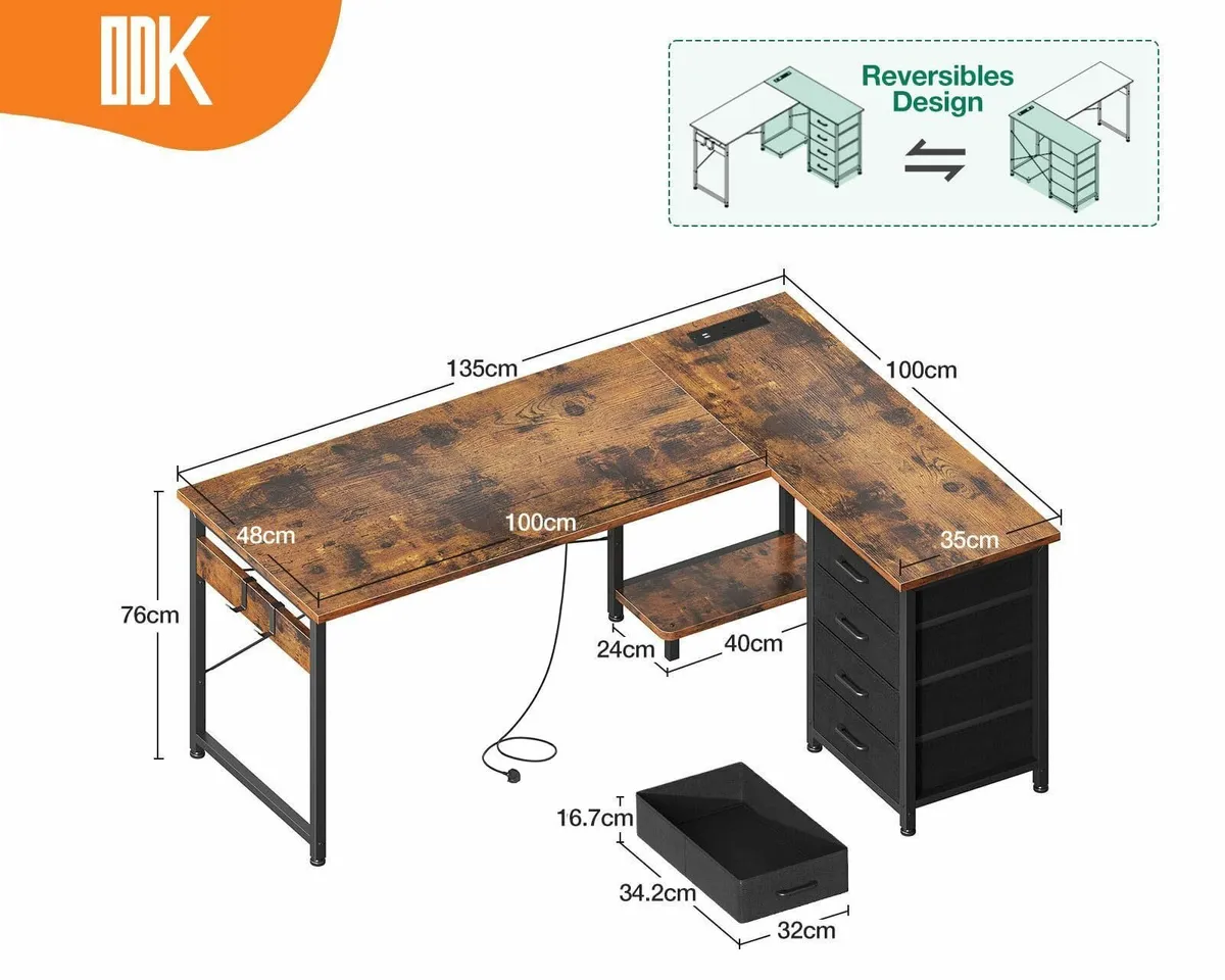 Corner Desk with Drawers Reversible L Shaped - Image 3