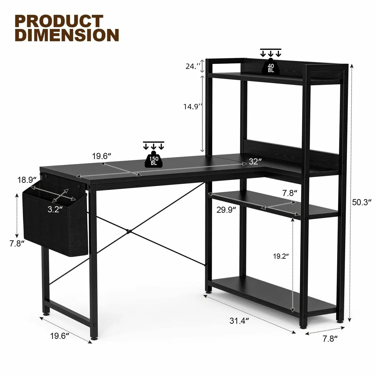 100x80 cm L Shaped Gaming Desk with Reversible - Image 3