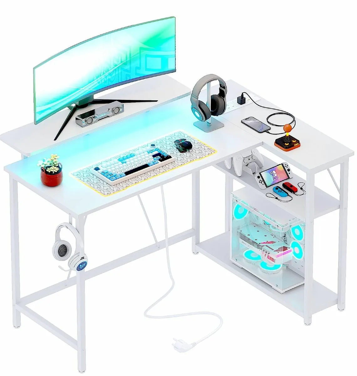 L Shaped Gaming Desk with RGB LED Lights Power - Image 1