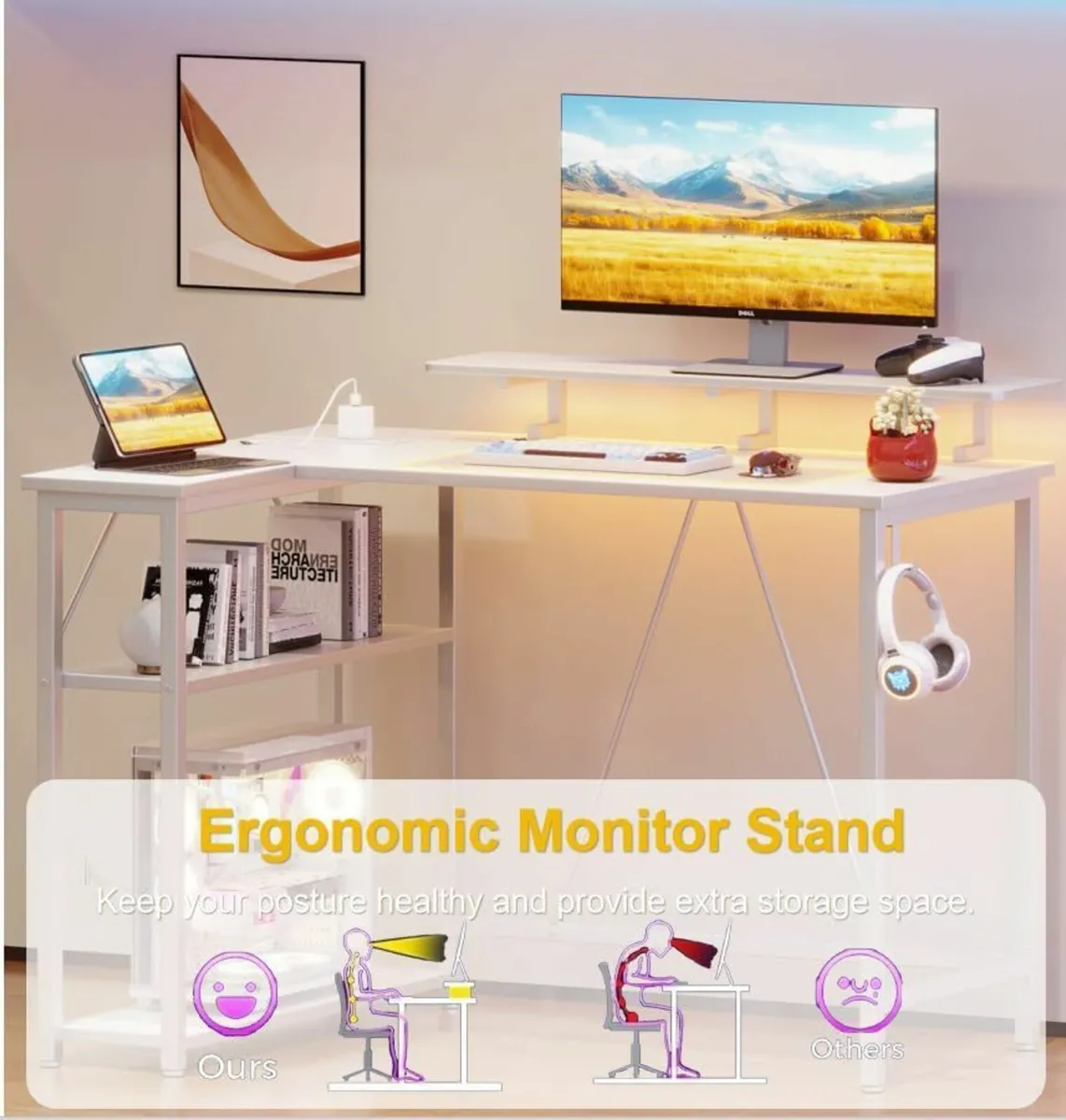 L Shaped Gaming Desk with RGB LED Lights Power - Image 4