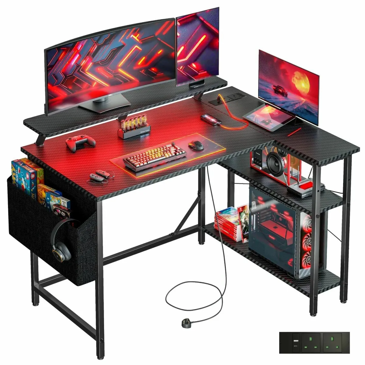 L Shaped Gaming Desk with LED Lights Power - Image 1