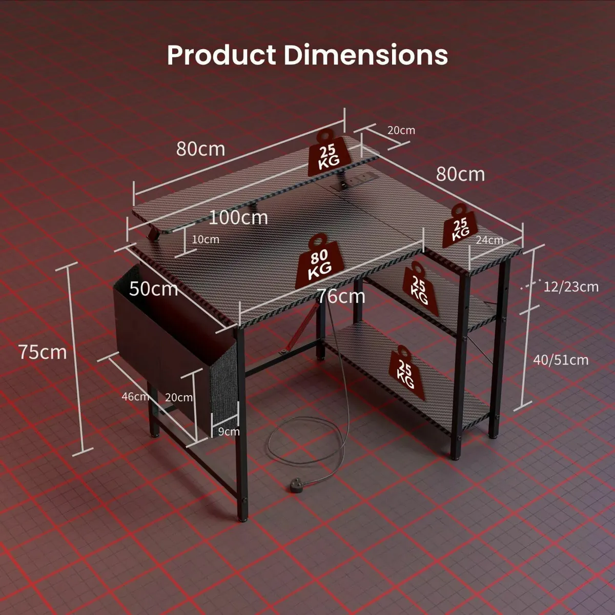 L Shaped Gaming Desk with LED Lights Power - Image 2