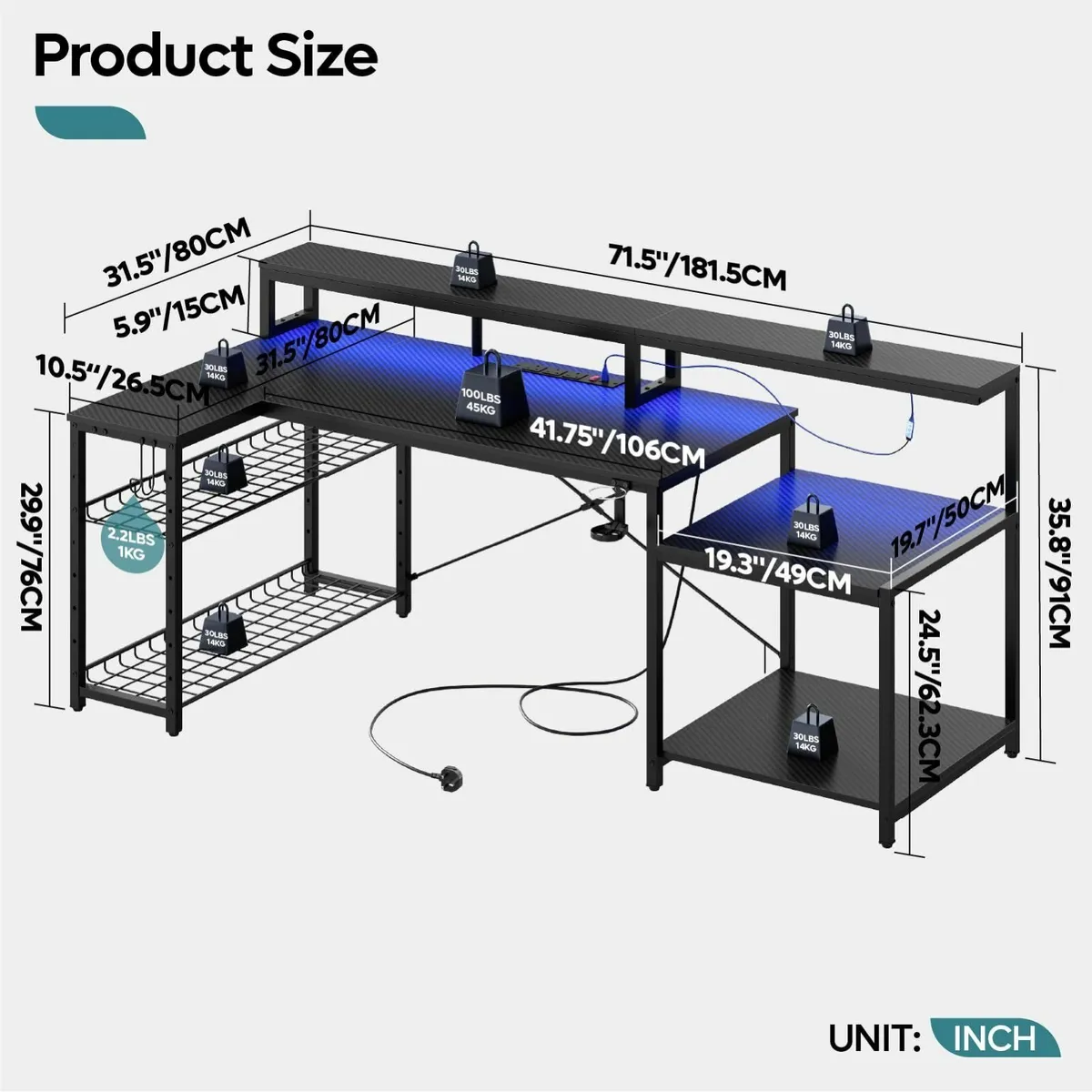 181CM L-Shaped Gaming Desk with RGB LED Lights - Image 3