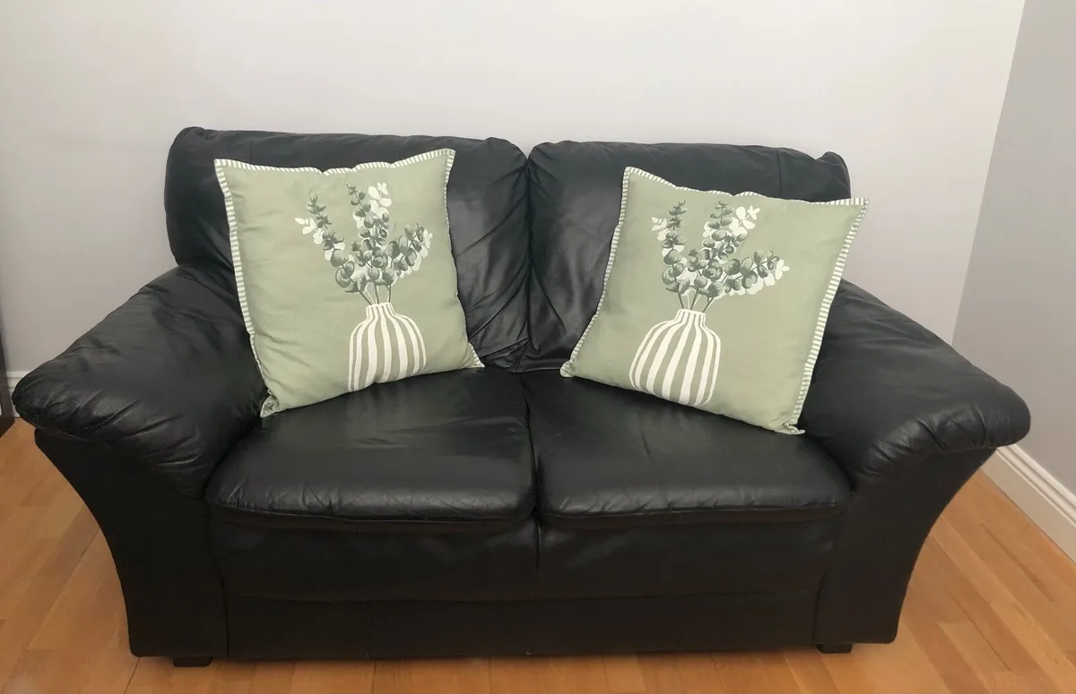 Black Leather 2 Seater Sofa - Image 1