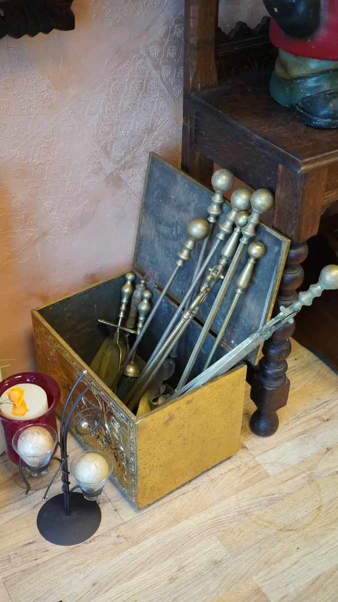 Vintage Brass Coal Box & Fireside Tools - Image 1