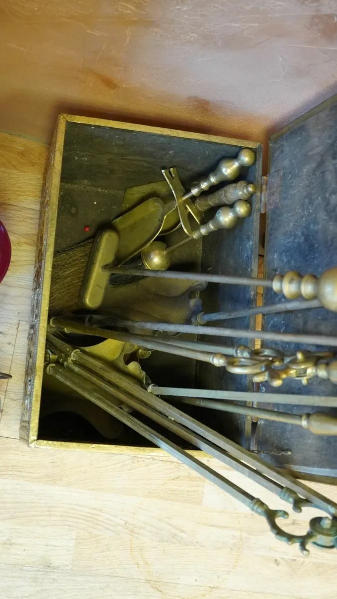 Vintage Brass Coal Box & Fireside Tools - Image 2