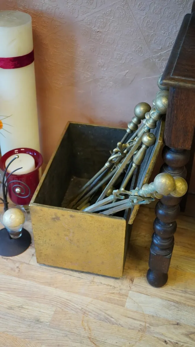 Vintage Brass Coal Box & Fireside Tools - Image 3