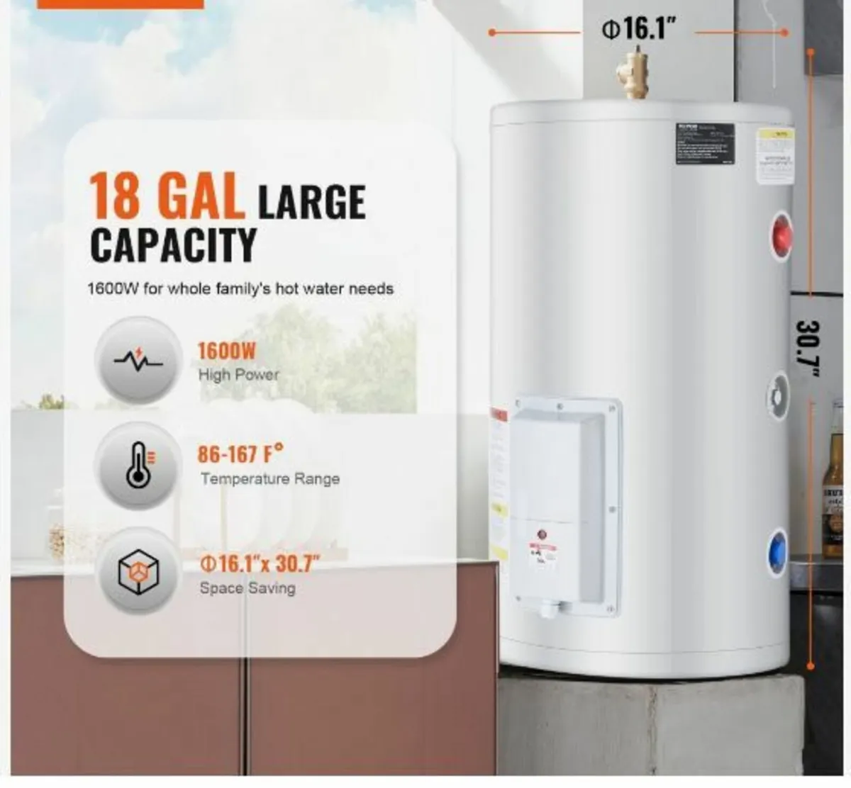 Electric Water Heater, 18 Gallon Tank Instant Hot - Image 2