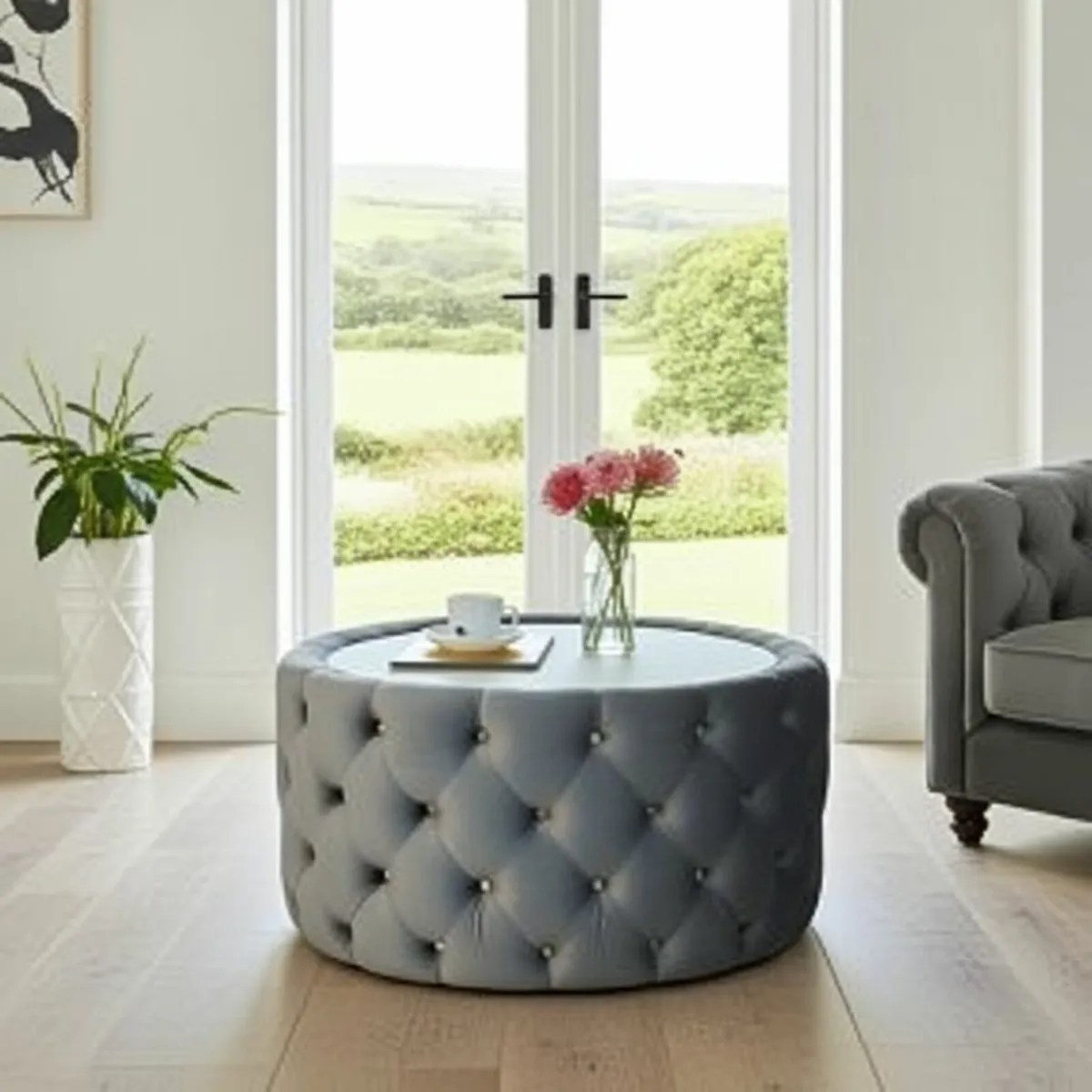 Velvet Button Tufted Round Coffee Table . Sale! - Image 3