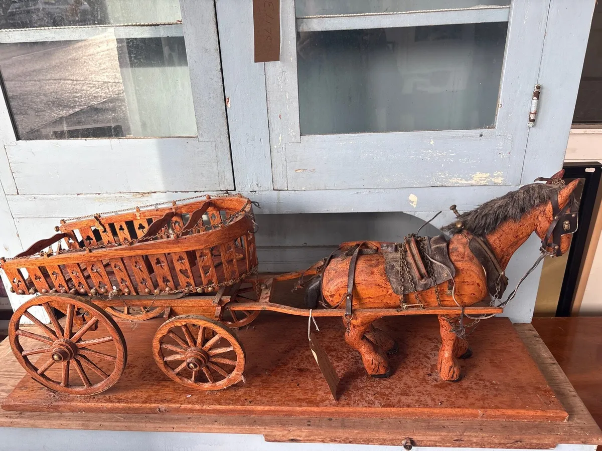 A vintage carved teak wooden horse and cart - Image 1