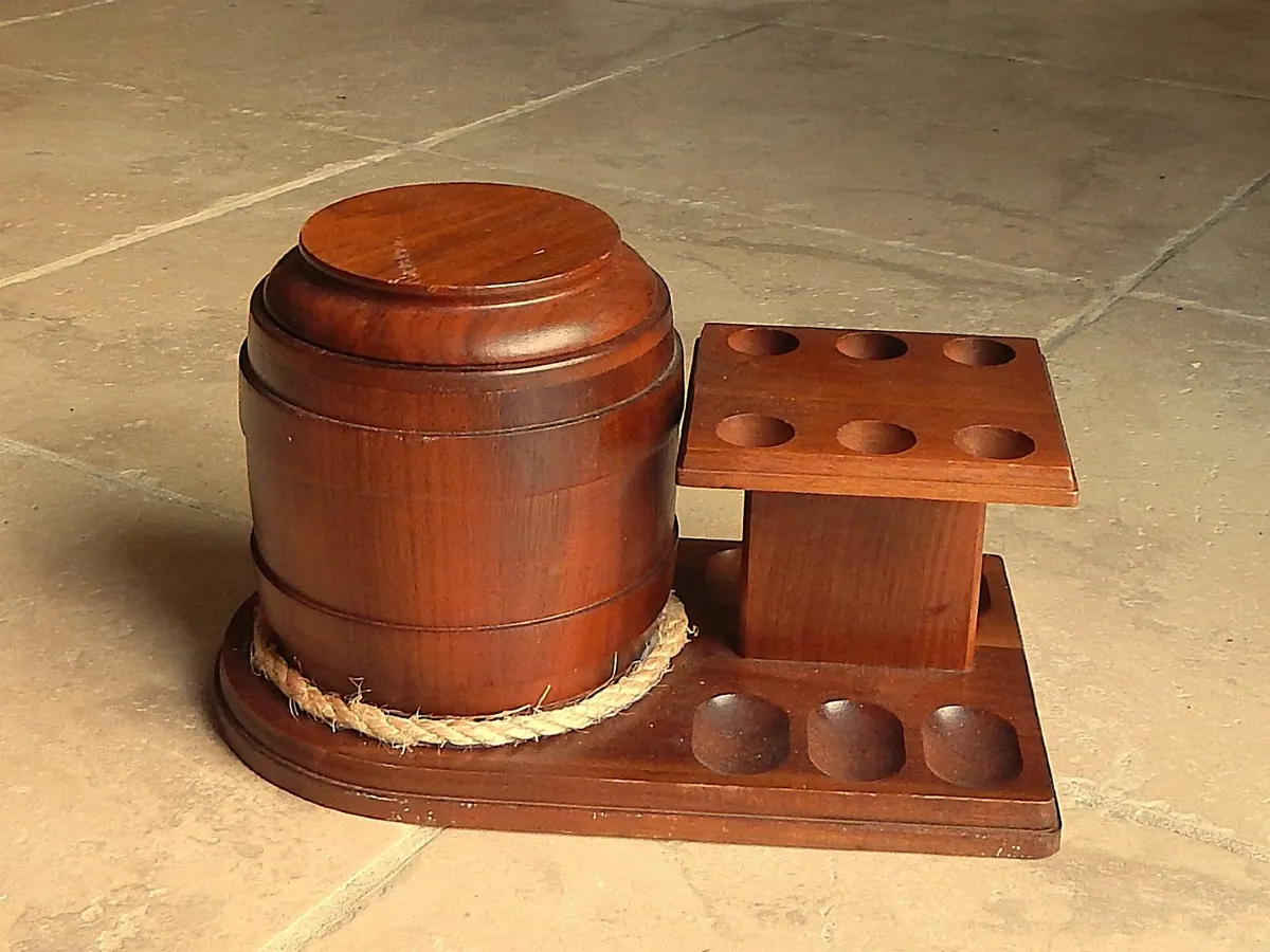 Vintage Walnut Pipe Rack & Humidor Tobacco Jar - Image 1