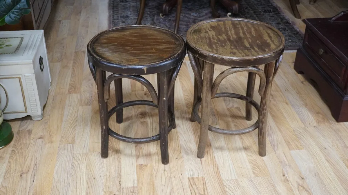 Rustic Pair of Vintage Bentwood Pub Stools - Image 1