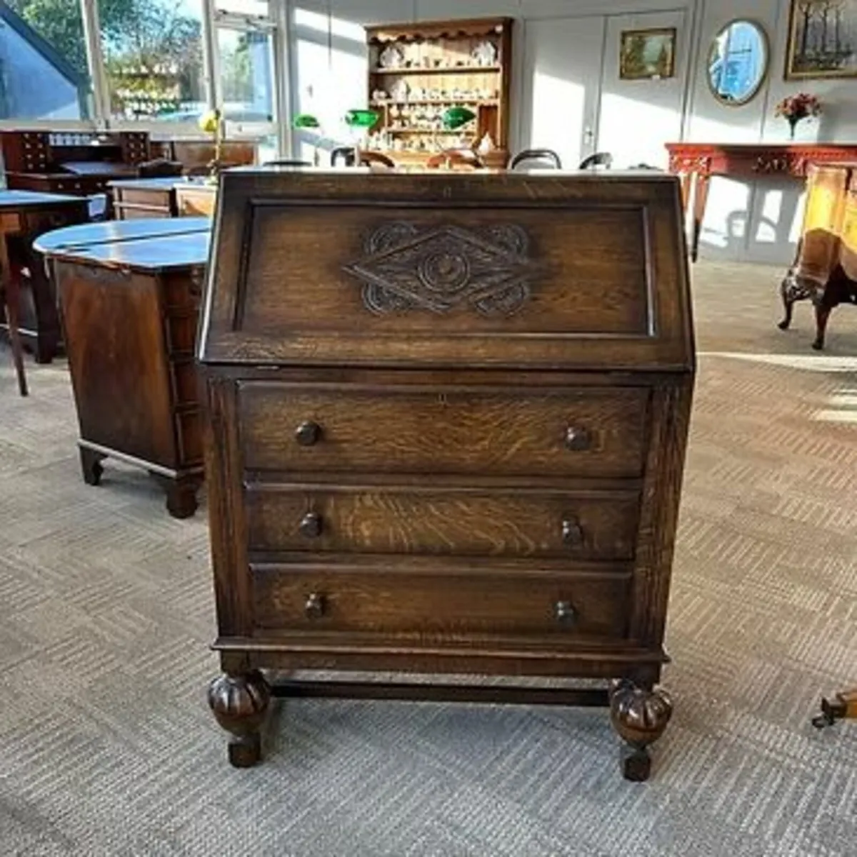 Fabulous solid oak writing bureau with leather wri
