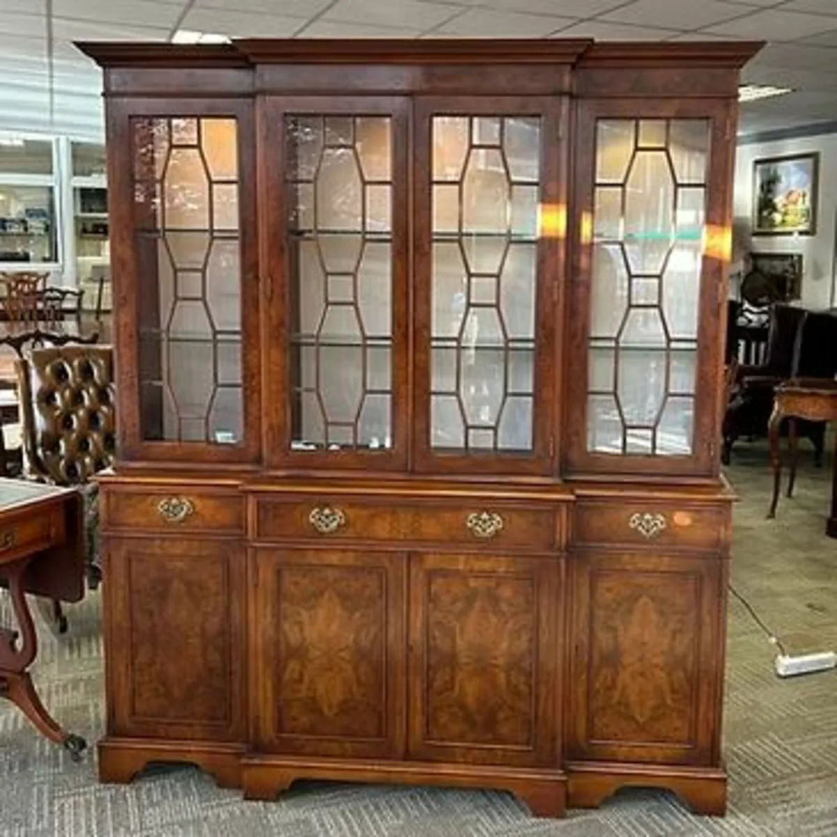 Fabulous walnut four door display cabinet with lig