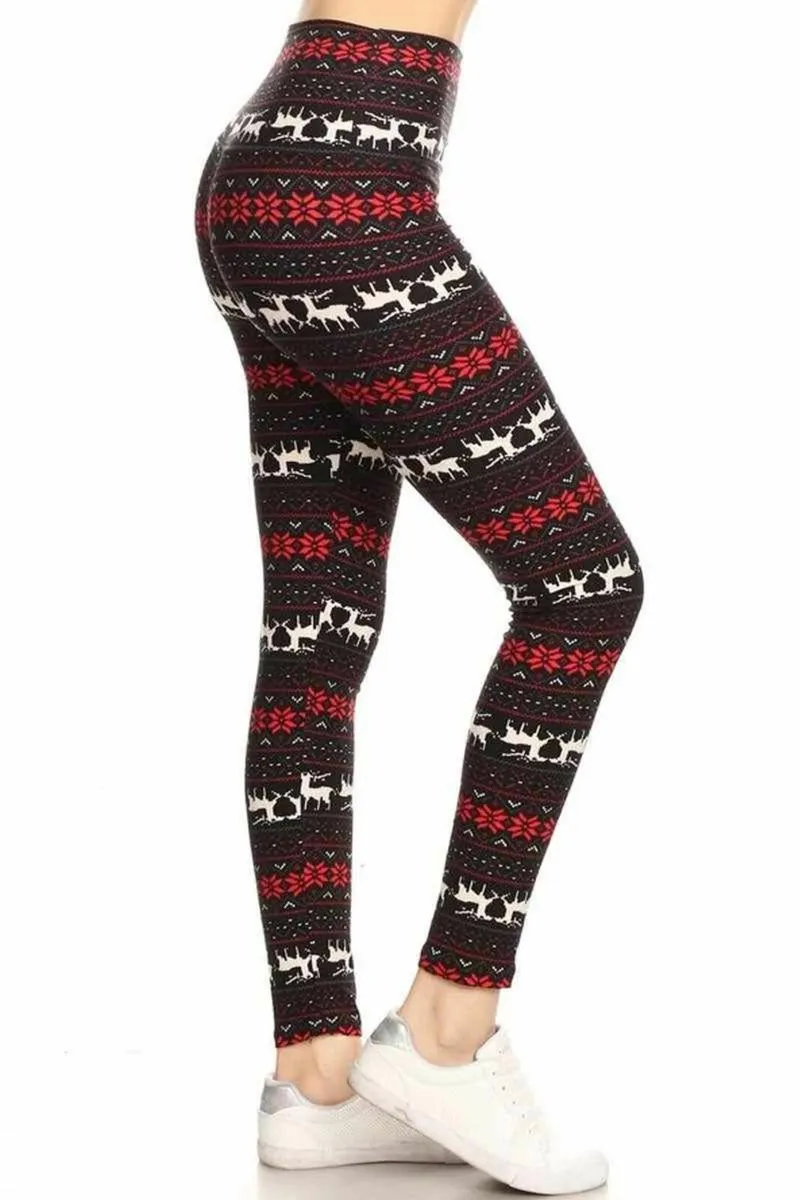 Black Red Reindeer Snowflake High Waisted Legins - Image 1