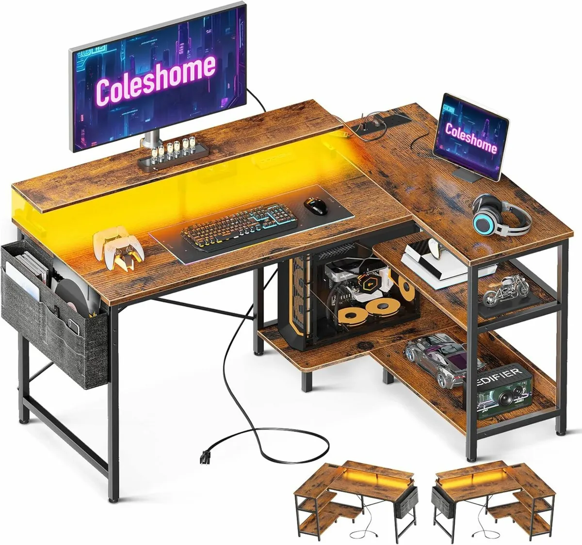 L Shaped Gaming Desk Office LED Lights, 120×80 cm - Image 2