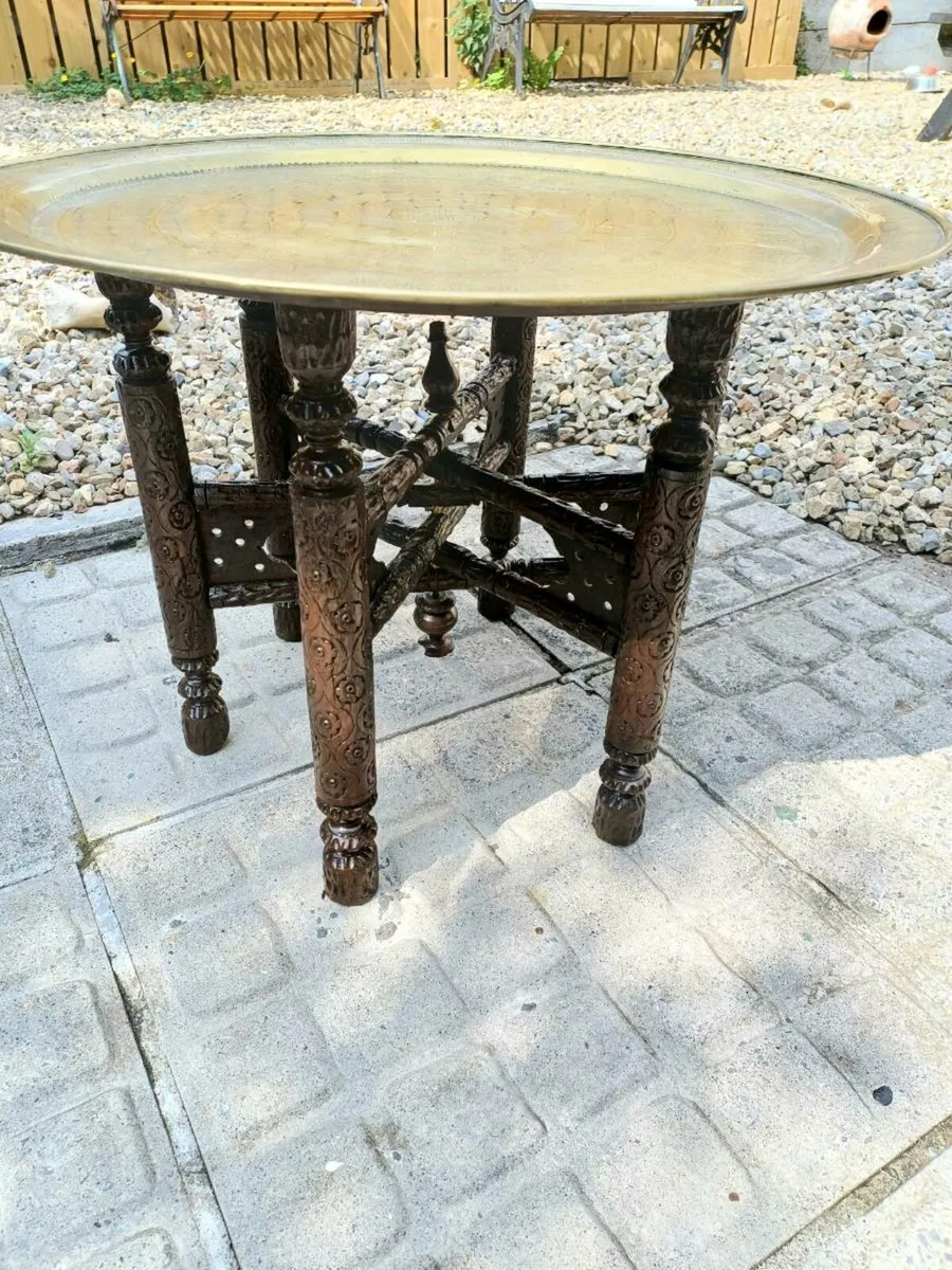 2 Antique Moroccan Brass Tray Tables - Image 2
