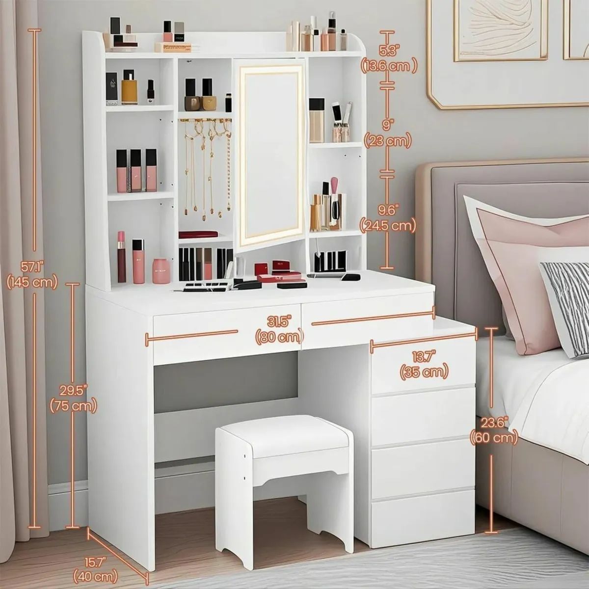 Dressing table with LED lighting and drawers - Image 3