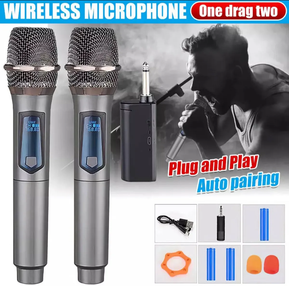 2 x Wireless Microphones UHF Rechargeable - Image 1