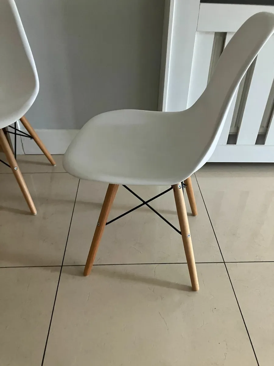 2 Contemporary White Chairs with Oak Legs - Image 1