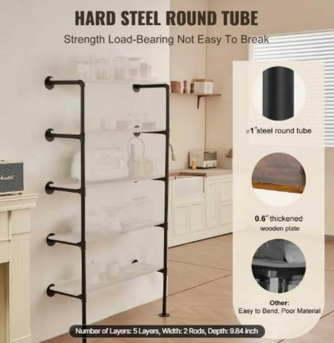 Industrial Pipe Shelf 5 Tier 2PCS 25 cm W Wall - Image 2