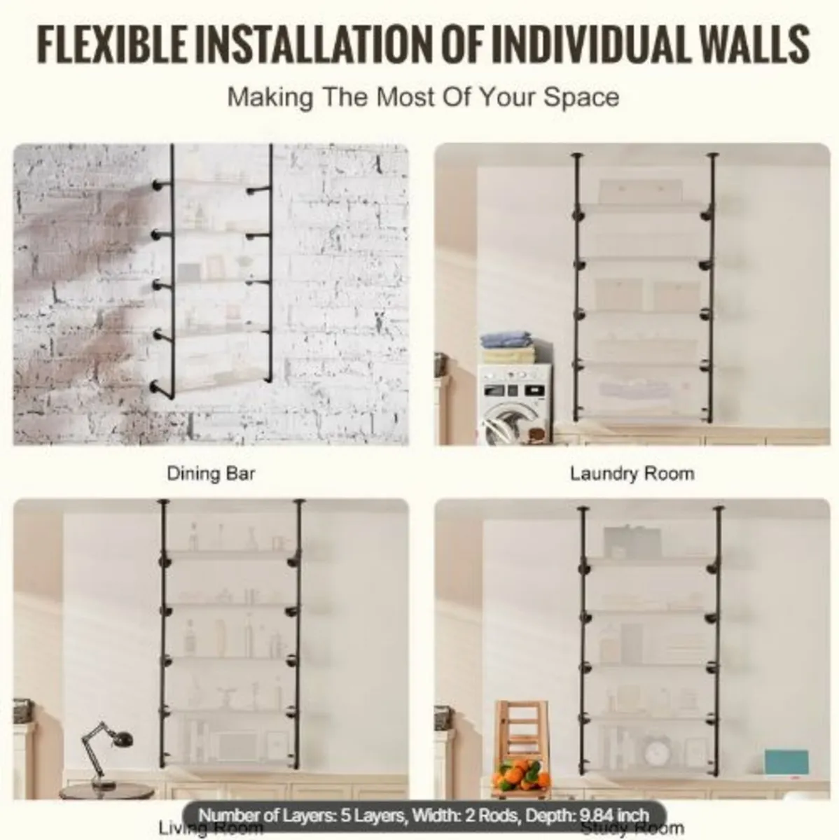 Industrial Pipe Shelf 5 Tier 2PCS 25 cm W Wall - Image 3