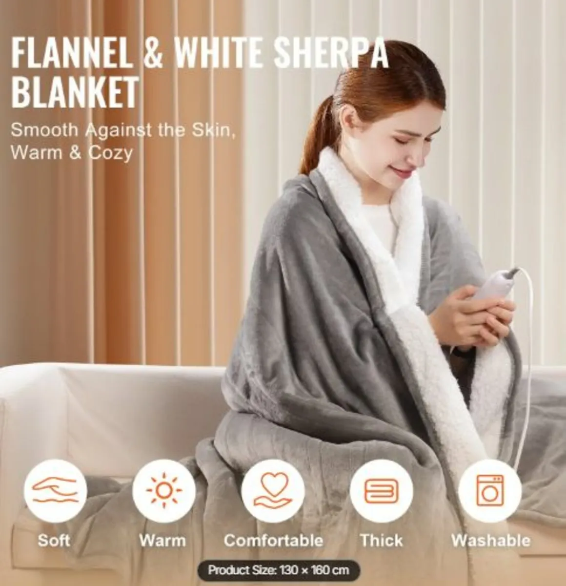 Heated Blanket, 130 x 160 cm Electric Throw Soft - Image 2
