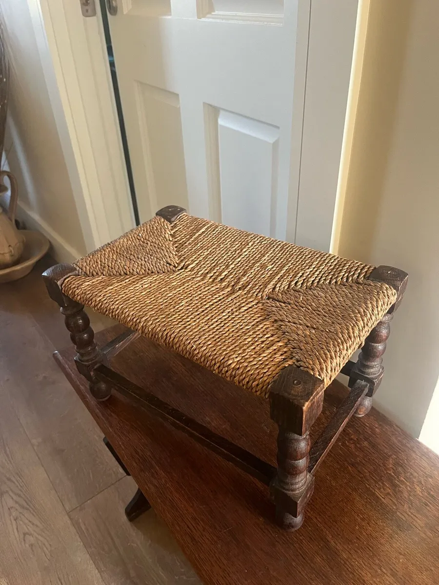 Antique Irish Oak Woven Footstool - Image 2