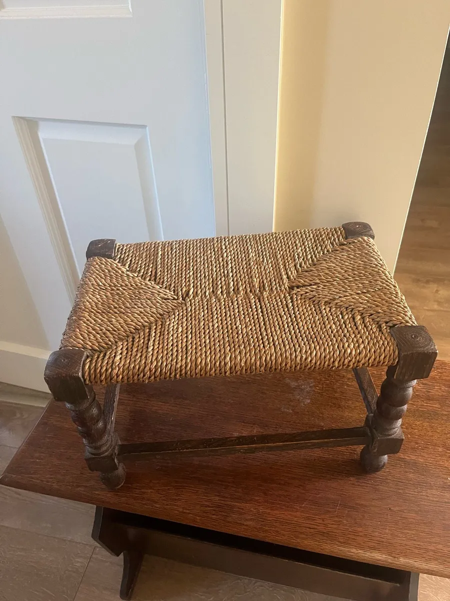 Antique Irish Oak Woven Footstool - Image 3