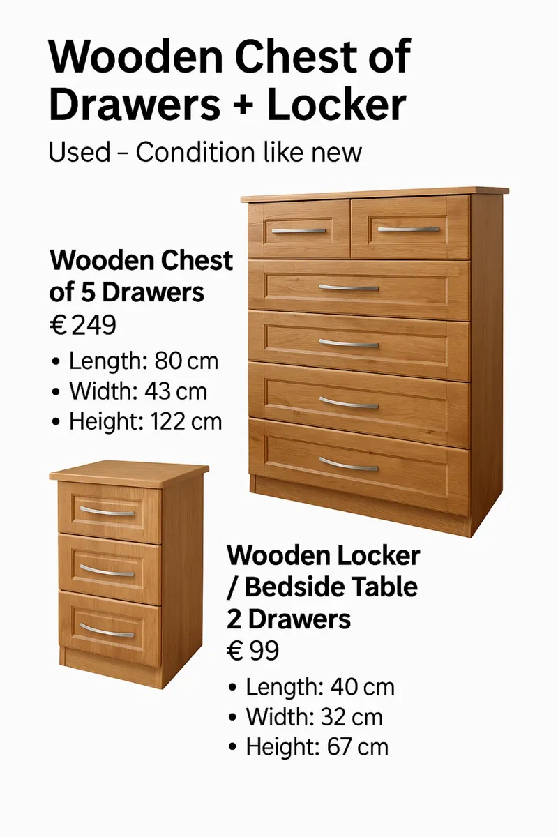 Wooden Chest of 5 drawers €249
Length - 80cm
Width - Image 1