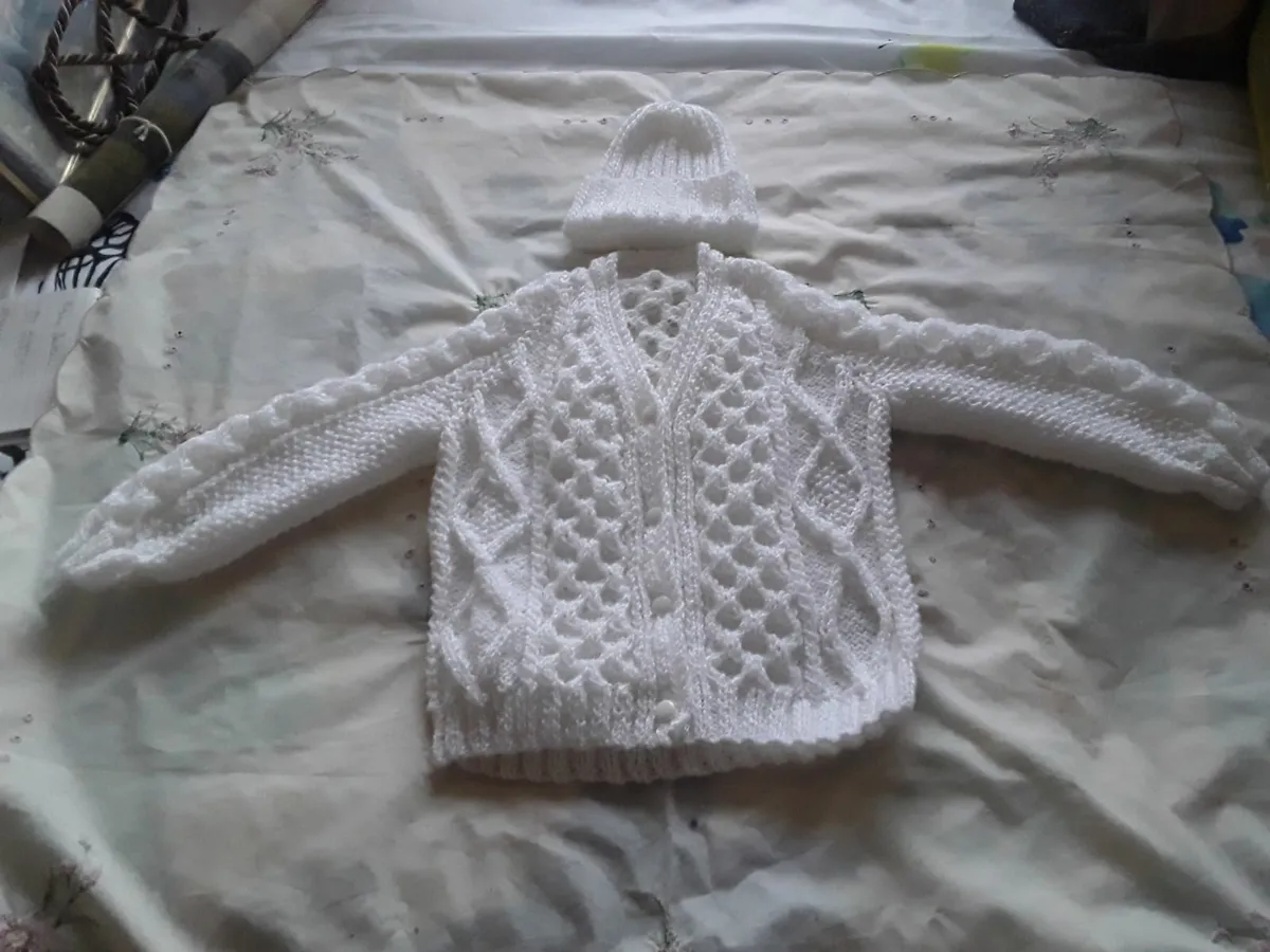 Hand knitted baby Aran cardigan and Hat - Image 1