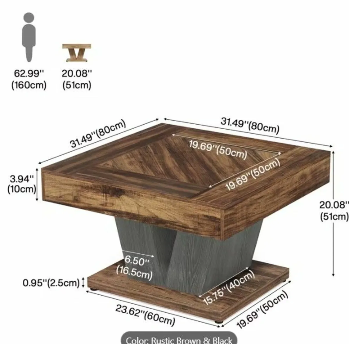 Modern Square Coffee Table – Rustic Brown & Black - Image 2