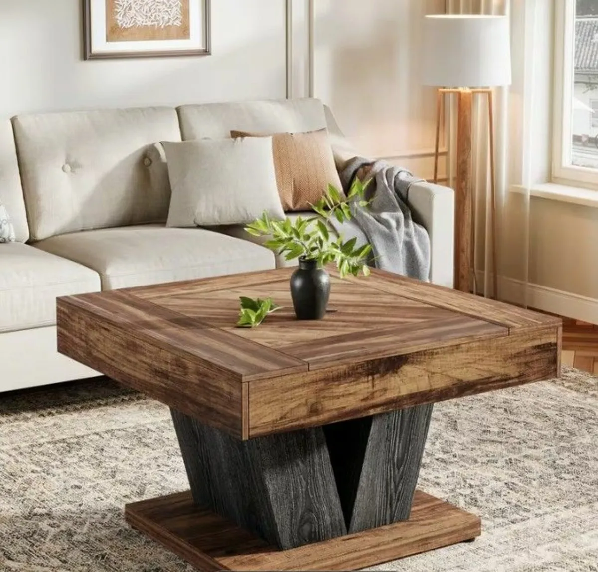 Modern Square Coffee Table – Rustic Brown & Black - Image 4
