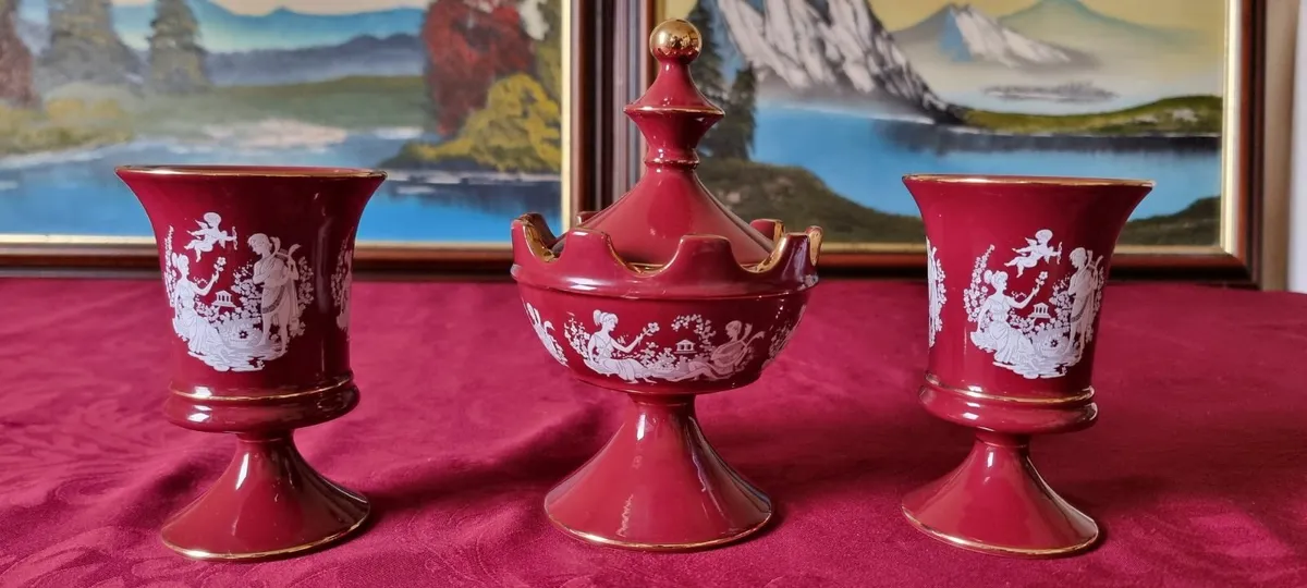 3Pc. Italian Fiorentine Footed Compote & Vases Set - Image 1