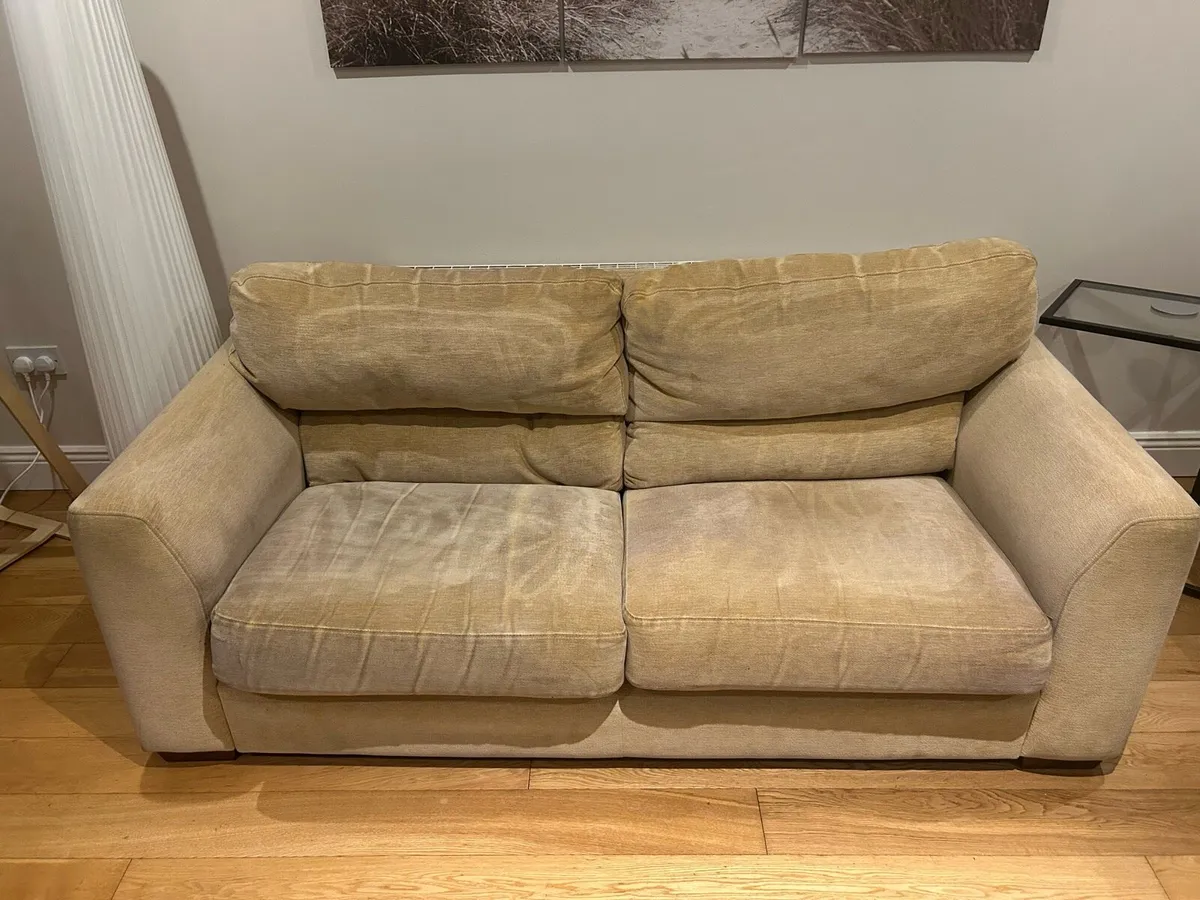 2 seater couch, 2 arm chairs, large poof - Image 1