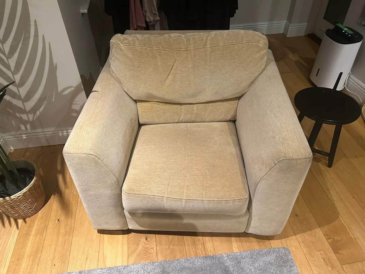 2 seater couch, 2 arm chairs, large poof - Image 2