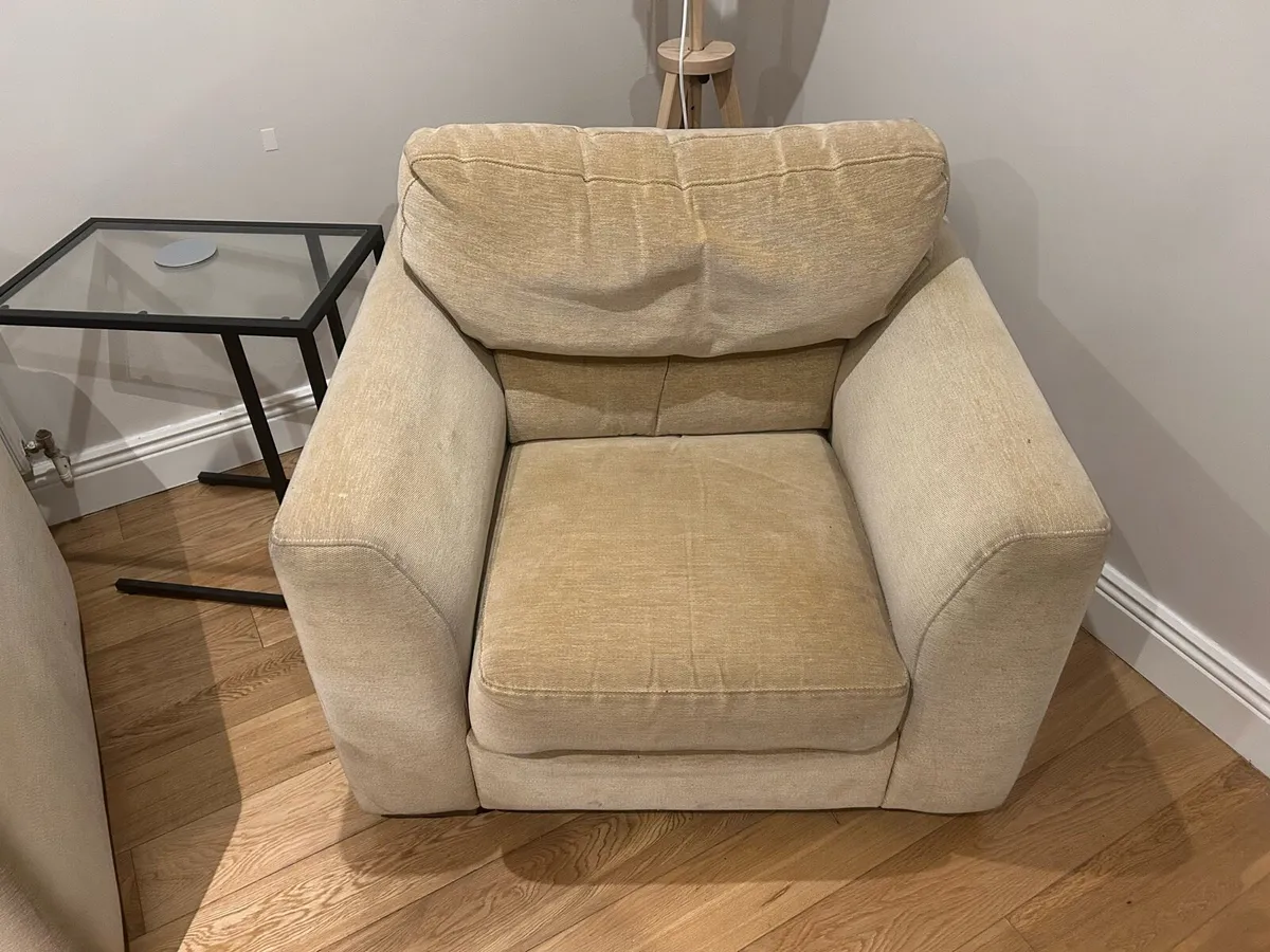 2 seater couch, 2 arm chairs, large poof - Image 3