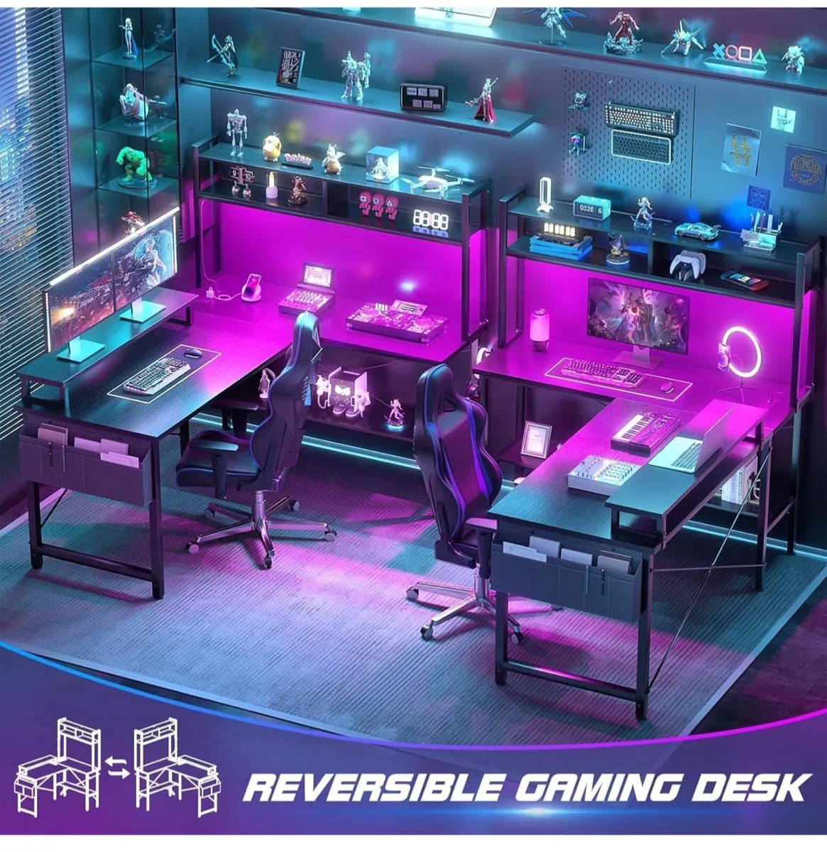 L Shaped Gaming Desk with Power Outlets & LED Ligh - Image 3