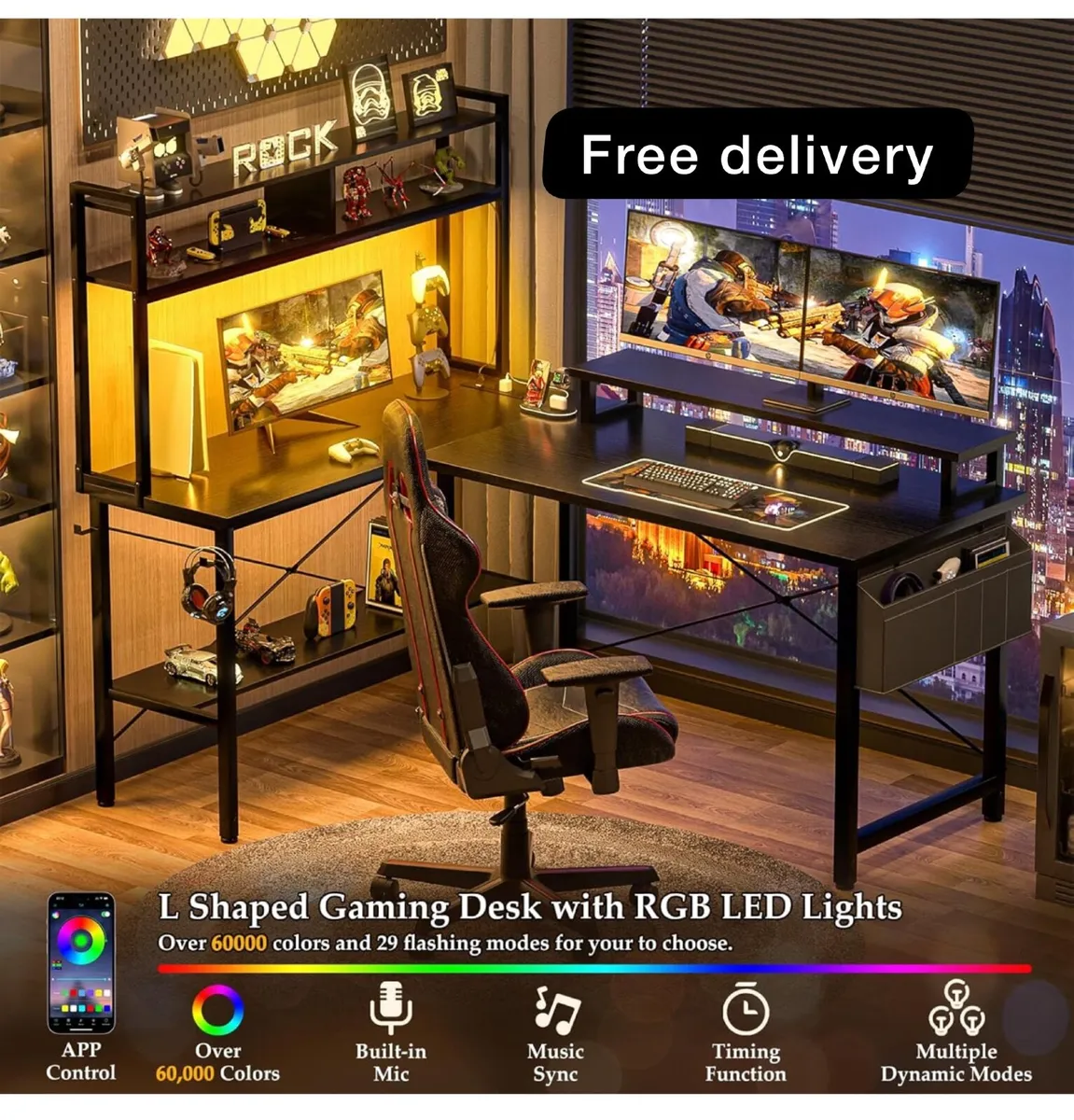 L Shaped Gaming Desk with Power Outlets & LED Ligh - Image 1