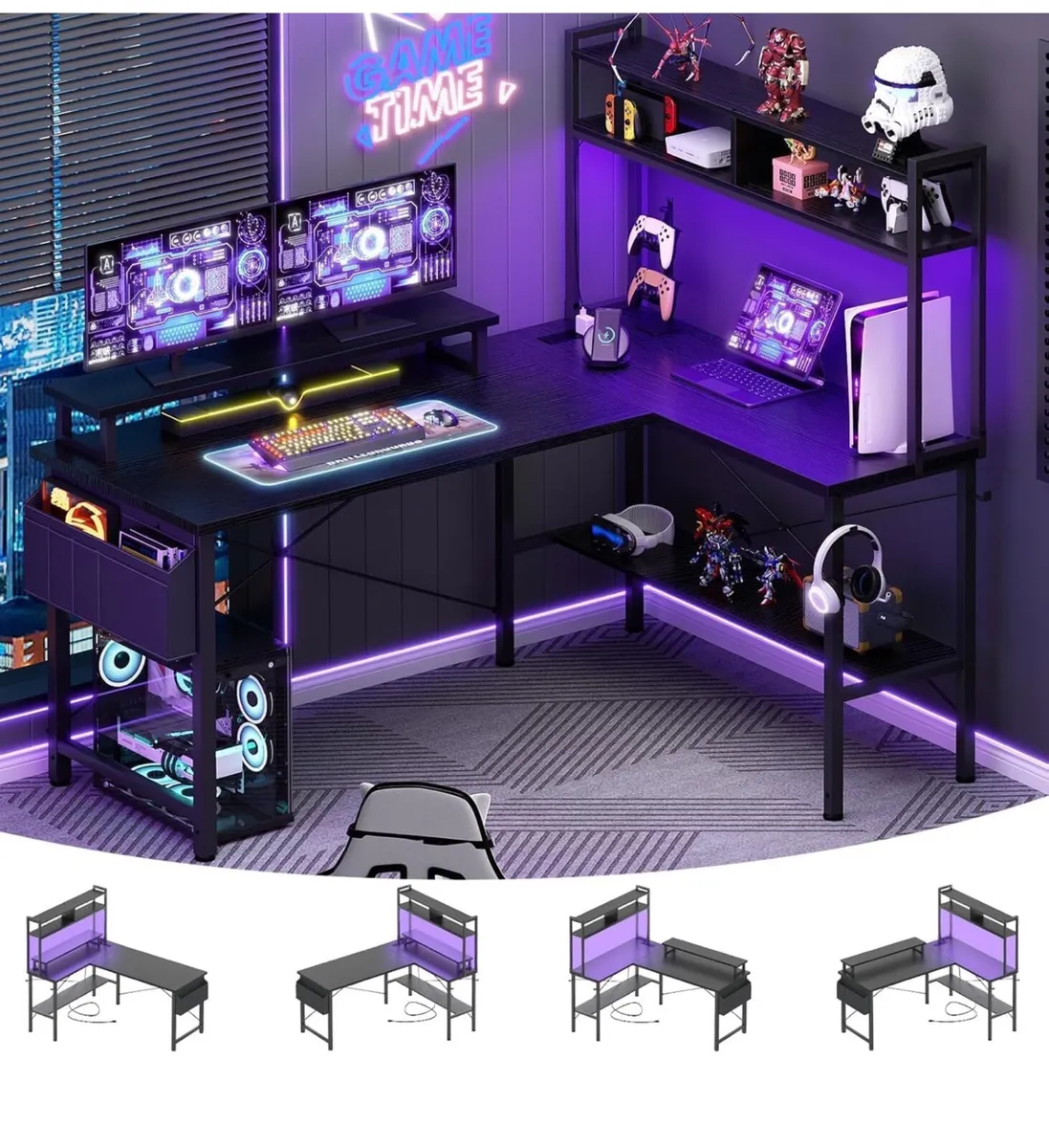 L Shaped Gaming Desk with Power Outlets & LED Ligh - Image 1
