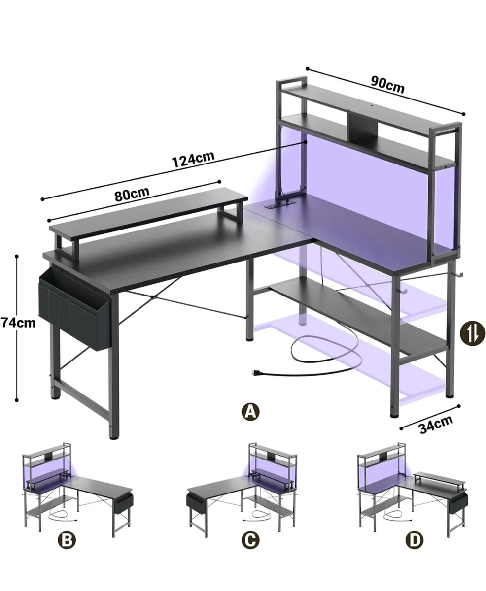L Shaped Gaming Desk with Power Outlets & LED Ligh - Image 2